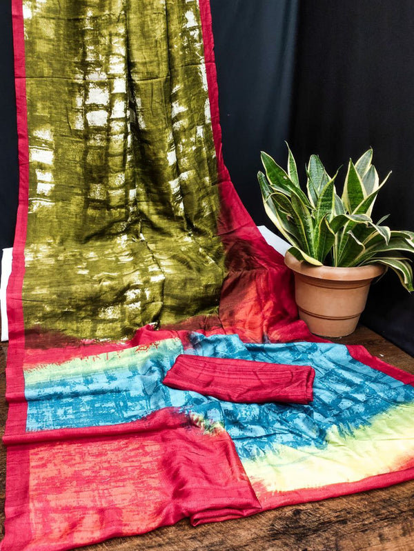 Soft Tussar Cotton Kalini Silk Saree with Elegant Sibori Print, Fancy Pallu, and Running Blouse