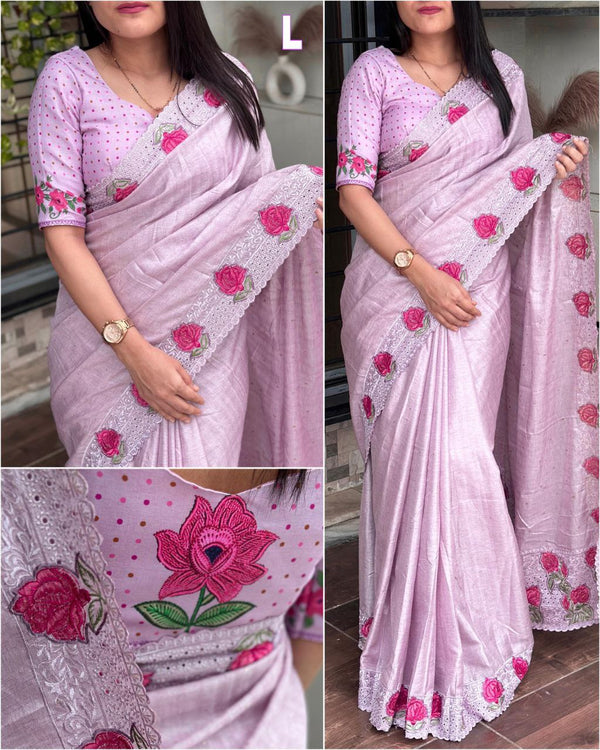 Designer Tussar Cotton Saree with Intricate Zari Butti and Embroidery Work