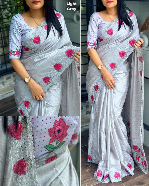 Timeless Tussar Cotton Saree with Multi-Thread Embroidery and Digital Print Blouse