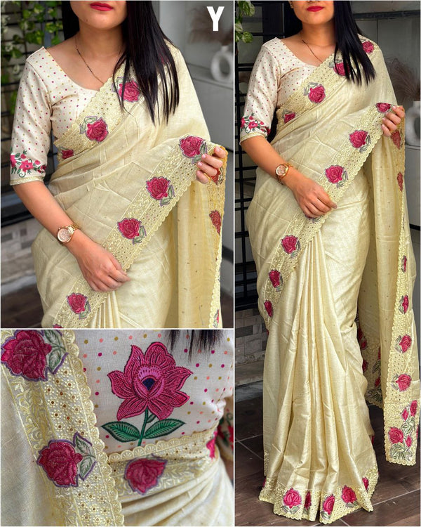 Saree in Tussar Cotton with Multi-Thread Embroidery, Zari Weaving, and Digital Print Blouse