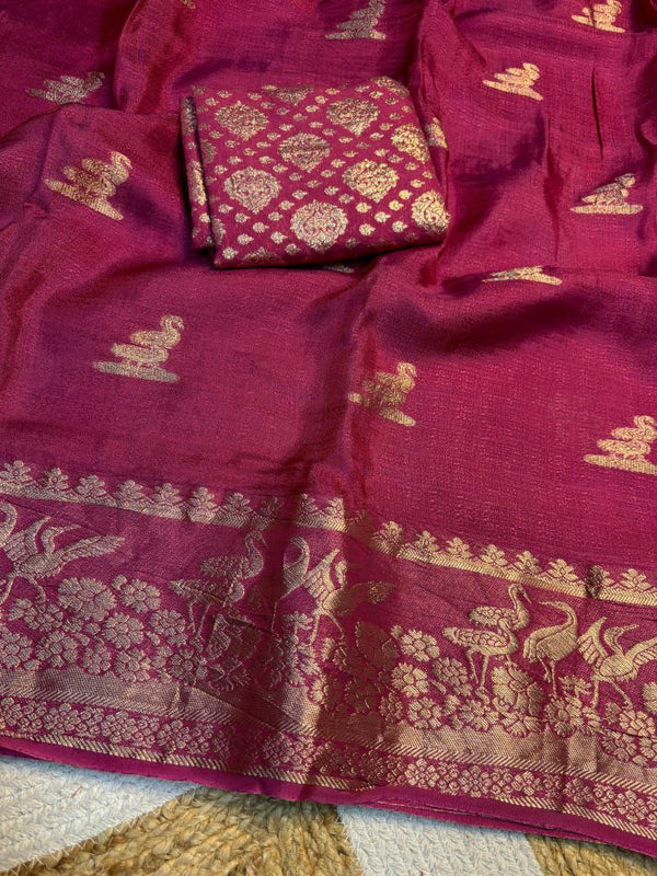 Dazzling Viscose Khadi Silk Saree with Jacquard Heron Figure and Zari Weaving Blouse