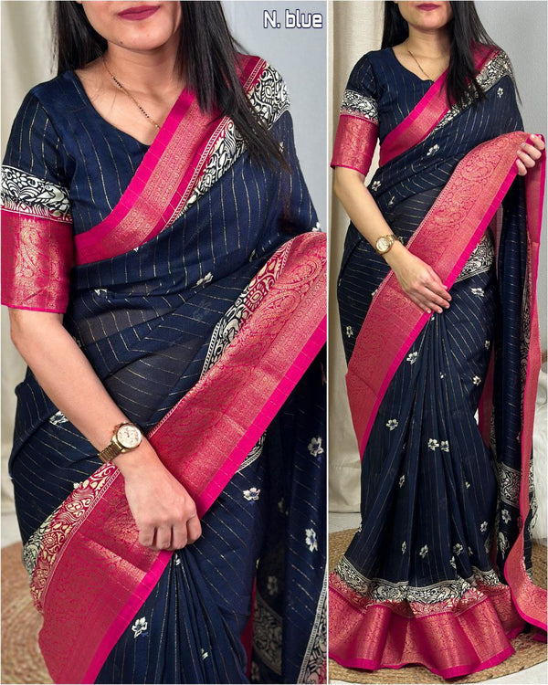 Modern Printed Delta Moss Saree with Traditional Zari Jacquard Border and Tussels