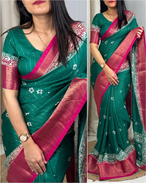 Gorgeous Printed Delta Moss Saree with Zari Jacquard Border and Tussels Detail