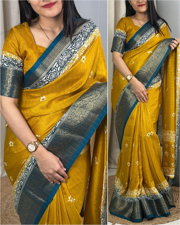 Beautiful Delta Moss Saree with Zari Jacquard Border and Printed Design