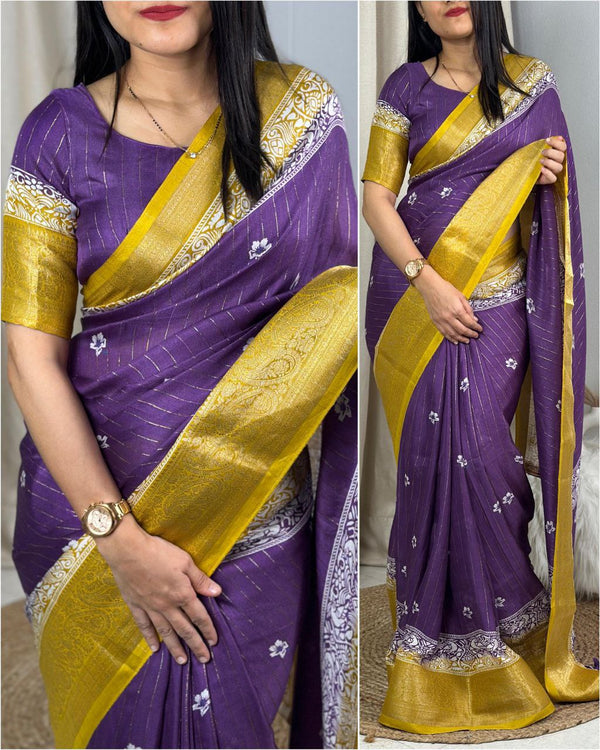 Stunning Printed Pure Delta Moss Saree with Zari Jacquard Border and Pallu Tussels