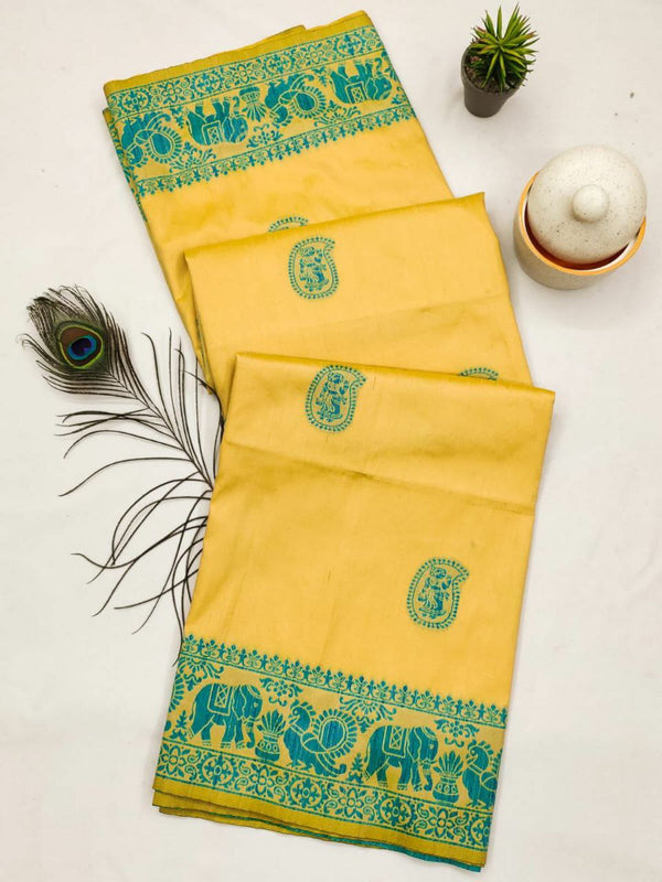 Beautiful Raw Silk Saree with Antique Weaving and Contrast Pallu for Festive Season