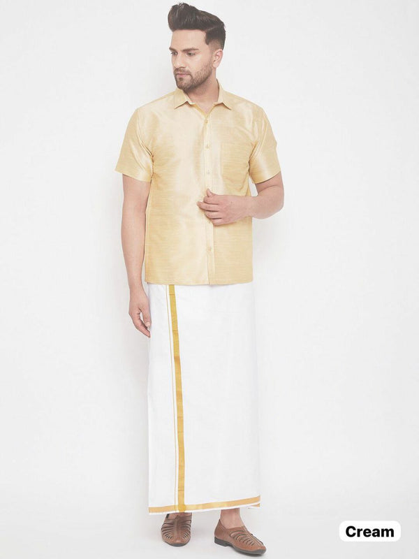 Elegant Thalaivaa Shirt with Cotton Dhoti and Gold Border for Festivals