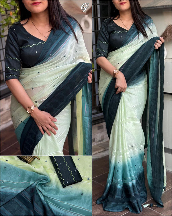 Unique Georgette Saree with Gotapatti Mirror Work and Rainbow Zari Border