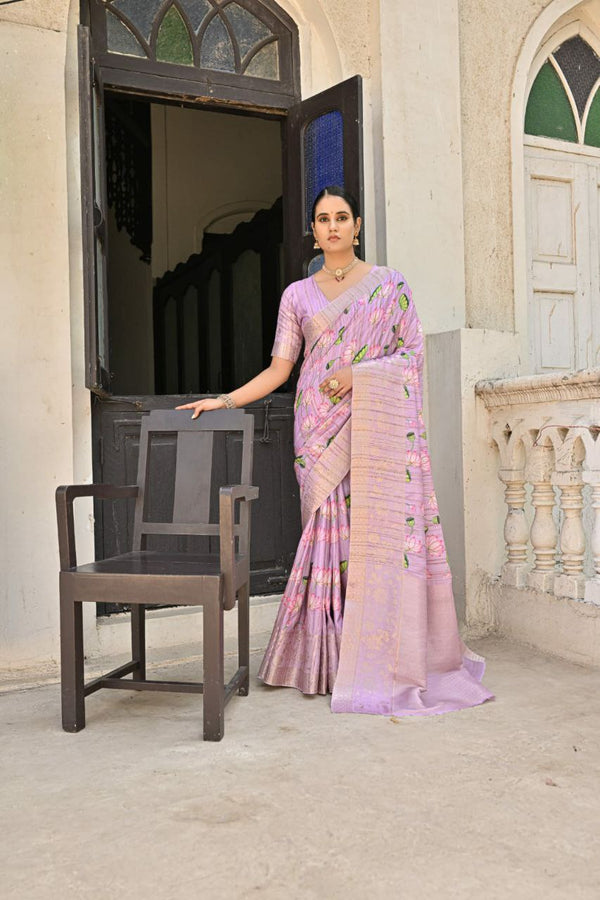 Elegant Cotton Silk Saree with Zari Woven Pallu, Floral Border & Lotus Print