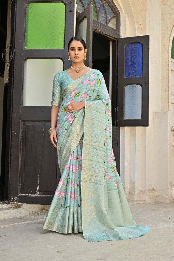 Zari Woven Pallu Cotton Silk Saree with Floral Border & Lotus Print All Over