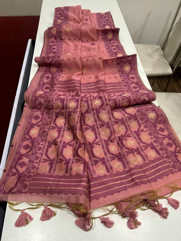 Muga Cotton Jamdani Saree with Small Woven Butties and Contrast Border