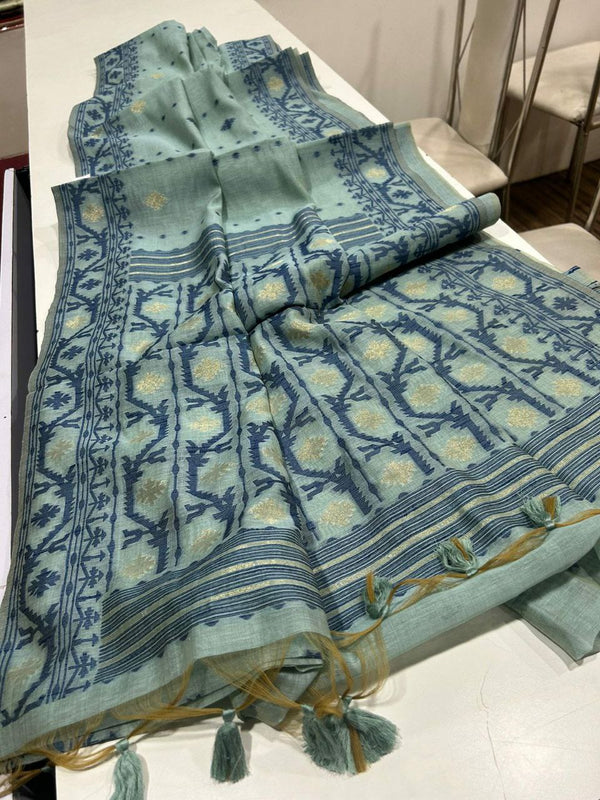 Beautiful Muga Cotton Jamdani Saree with Intricate Weaving Butties