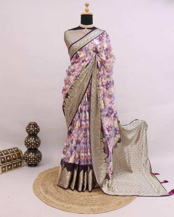 Soft-as-Flower Floral Weaved Georgette Silk Saree with Rich Pallu and Latkan