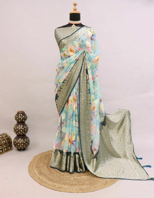 Pure Georgette Silk Saree with Viscose Weaving and Digital Floral Print