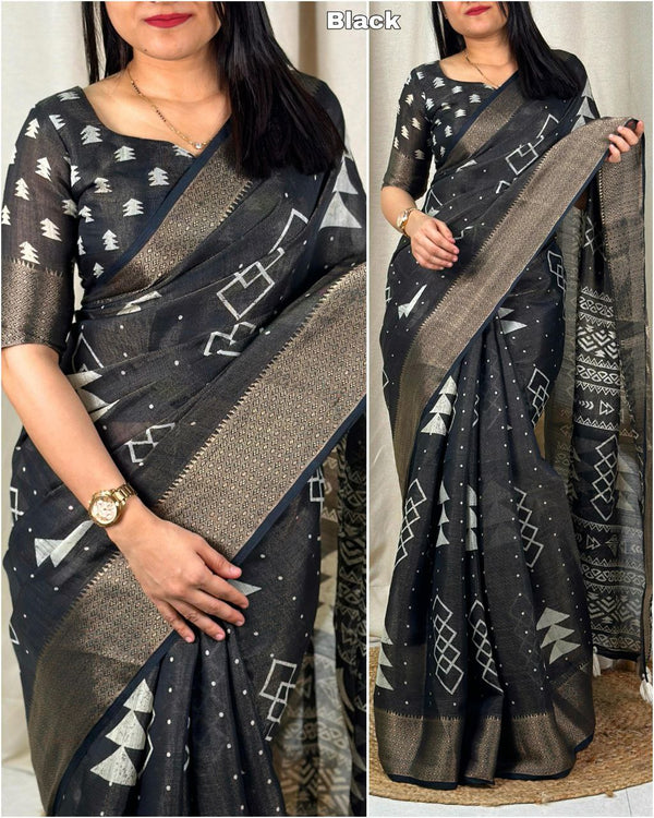 Premium Cotton Zari Jacquard Saree with Hand-Printed Patterns, Zari Weaving & Tassels in Pallu