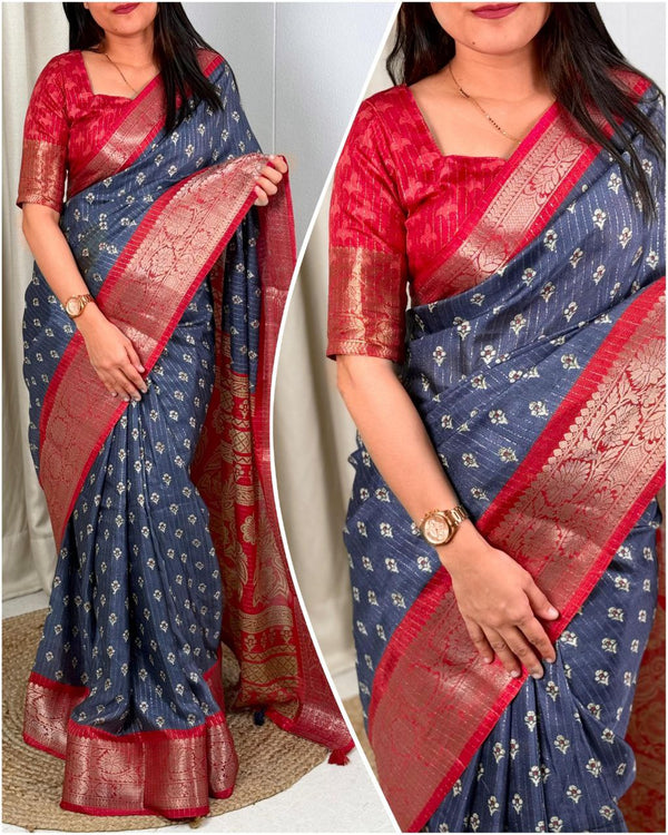 Simple Yet Elegant Muslin Cotton Saree with Zari Jacquard Border & Pallu Tassels