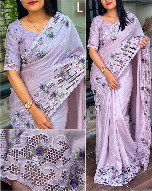 Traditional Tussar Cotton Saree with Multi-Thread Embroidery and Cutwork Details, Embroidered Blouse Included