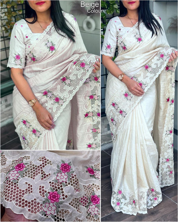 Delicate Tussar Cotton Saree with Multi-Thread Embroidery and Cutwork, Featuring an Embroidered Blouse