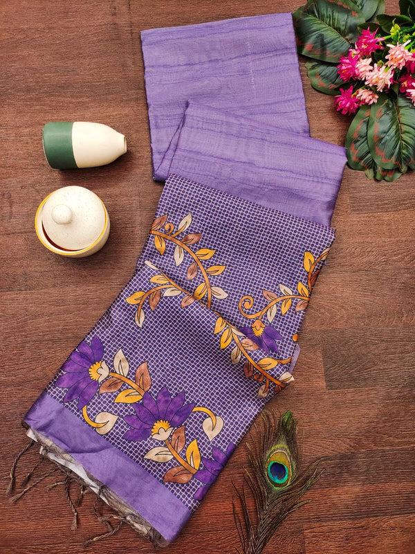 Floral Dotted Tussar Silk Saree with Fancy Tassels and Printed Blouse Piece