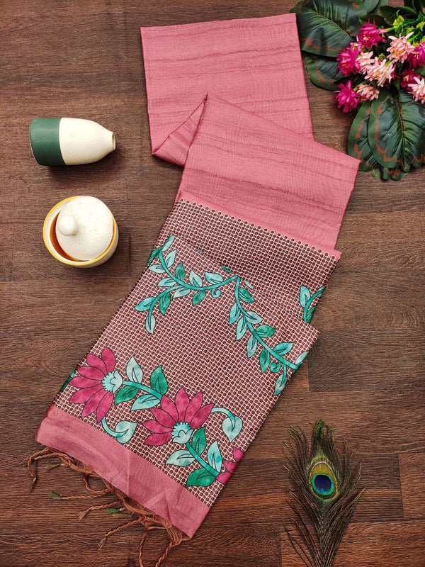 Elegant Tussar Silk Saree with Dotted Floral Jal and Floral Printed Blouse