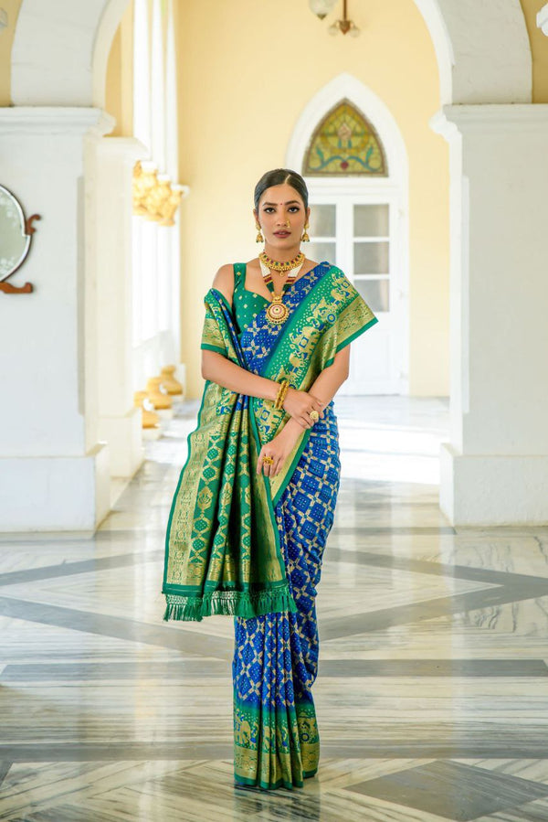 Traditional Soft Banarasi Silk Saree with Bandhani Weaving and Contrast Blouse