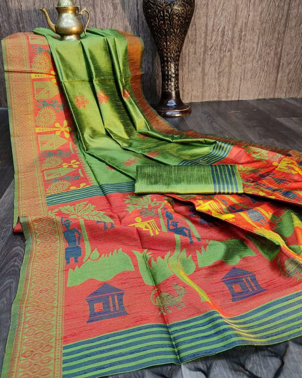 Raw Silk Handloom Saree with Zari Buttas and Contrast Color Pallu