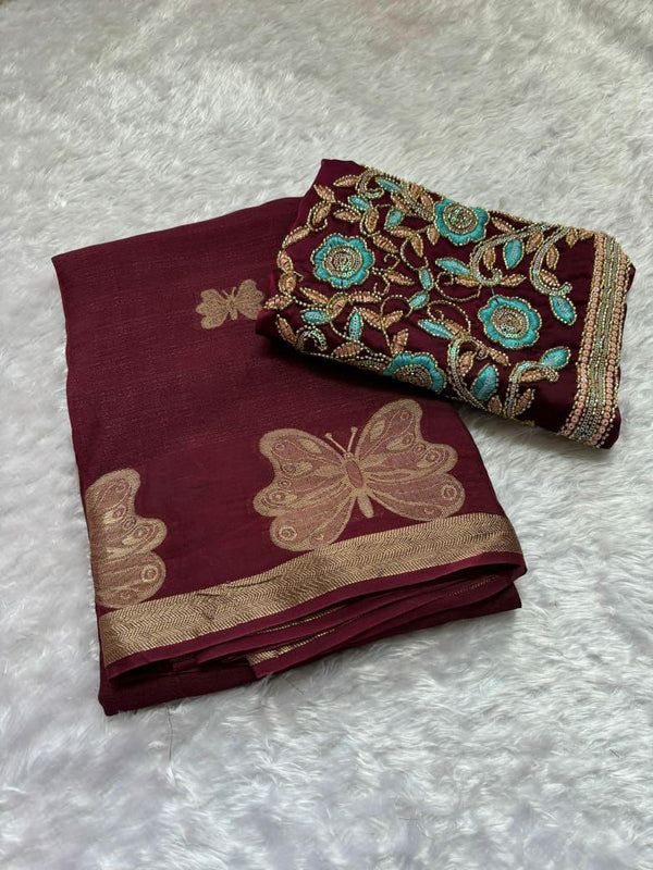 Stunning Pure Soft Viscose Khadi Saree with Jacquard Bird Design and Handwork Bits Blouse