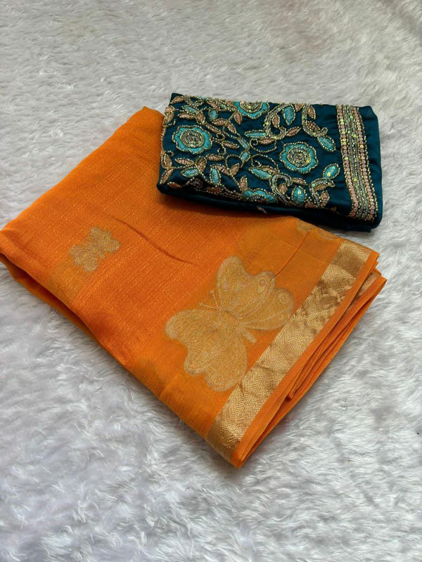 Beautiful Partywear Saree in Pure Viscose Khadi with Jacquard Bird Design and Handwork Blouse