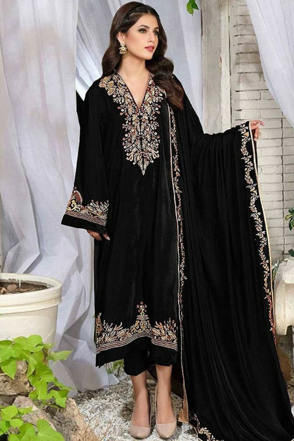 Viscos Velvet Top and Bottom Set with Lace & Sequins, 4-Side Lace Dupatta for Elegant Occasions