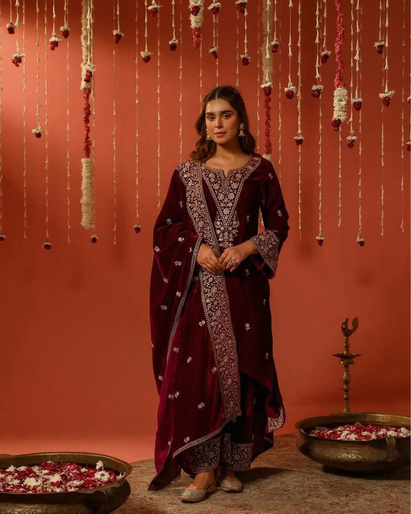 Viscous Velvet Embroidered Top & Bottom Set with Elastic Waistband and Matching Dupatta