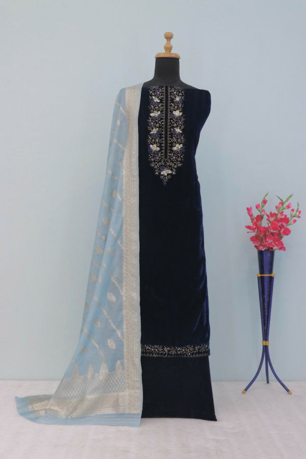 Pure Viscos Velvet Top & Bottom with Jari & Sequence Embroidery, Jacquard Dupatta