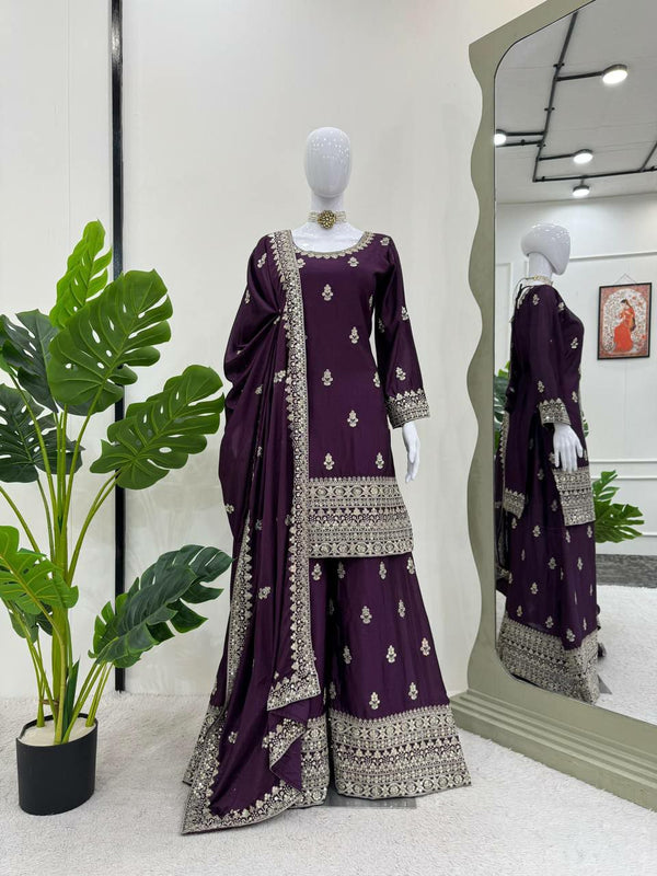 Premium Chinon Silk Kurta and Plazo Set with Matching Thread Work and Lace Trim Dupatta