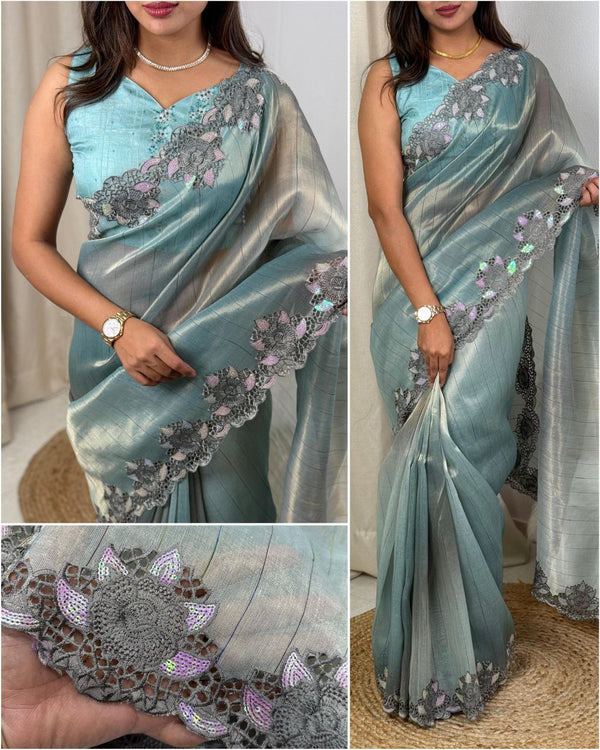 Luxury Taspa Silk Saree with Intricate Matte Sequin Work, Cutwork, and Boaring Design