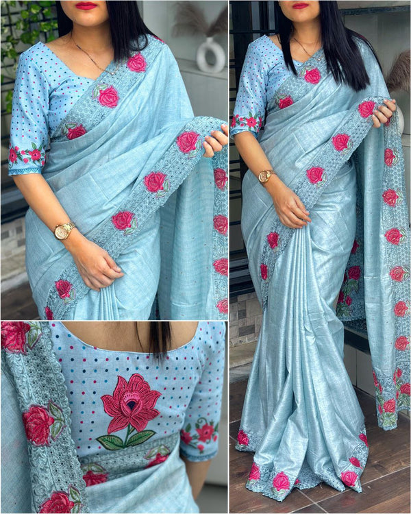 Graceful Tussar Cotton Saree with Zari Weaving Butti, Embroidery, and Cutwork Border