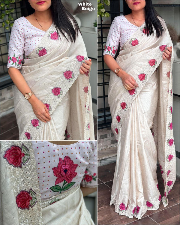 Festive Tussar Cotton Saree with Multi-Thread Embroidery and Zari Butti Detailing