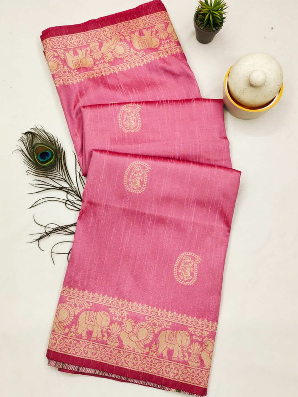 Charming Two-Tone Soft Raw Silk Saree with Antique Weaving and Contrast Pallu