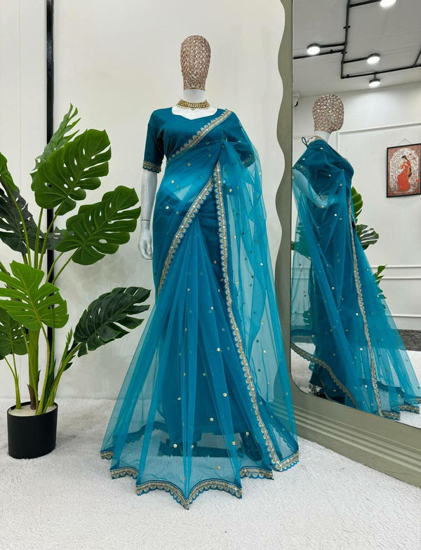 Stunning Net Saree with Fancy Lace-Worked Blouse