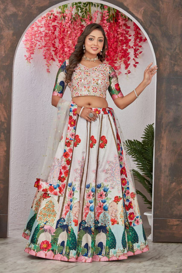 Vrundavan Lehenga Set: Medonna Silk Lehenga with Heavy Digital Print, Embroidered Blouse & Net Dupatta