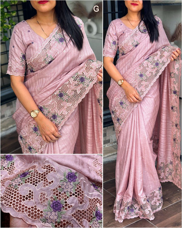 Graceful Tussar Cotton Saree with Multi-Thread Embroidery and Boaring Work, Paired with Cutwork Blouse