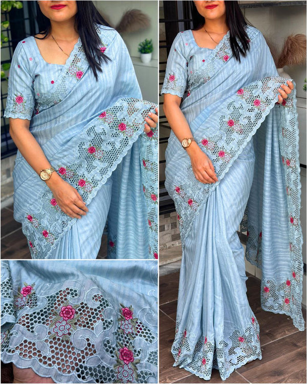 Festive Tussar Cotton Saree with Multi-Thread Embroidery, Cutwork & Boaring, Paired with Embroidered Blouse