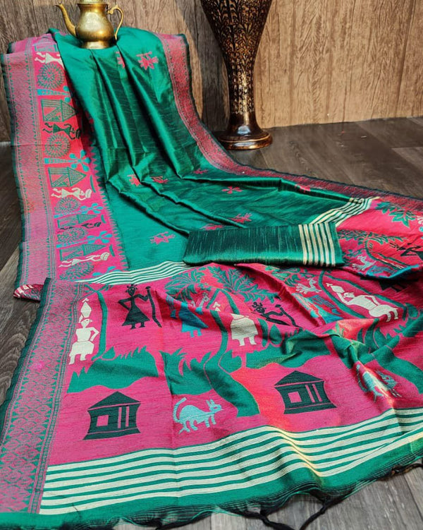 Classic Handloom Raw Silk Saree with Zari Buttas and Contrast Color Pallu