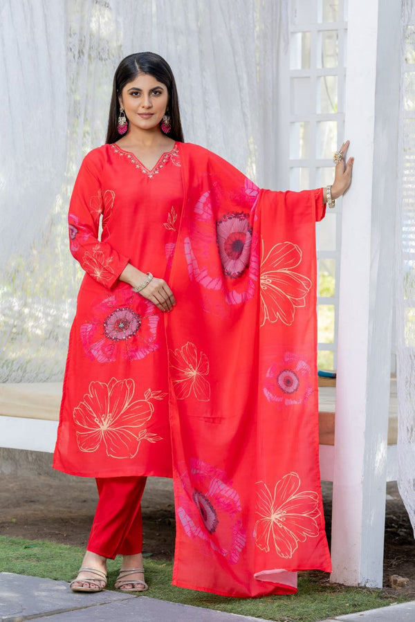 Red Muslin Silk Kurti Set with Heavy Handwork and Stylish Pant