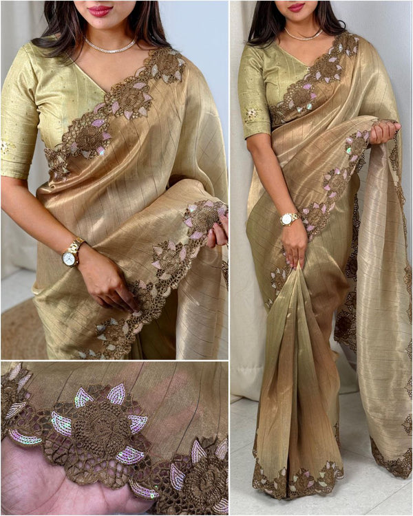 Modern Party Saree in Taspa Silk with Shaded Print, Sequin Work, and Cutwork Boaring