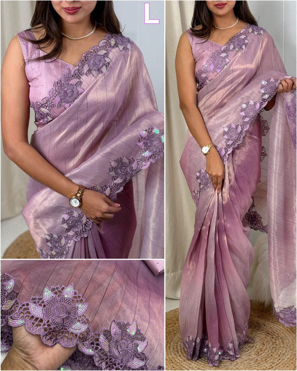 Exclusive Party Saree in Taspa Silk with Matte Sequins, Cutwork, and Boaring Detailing