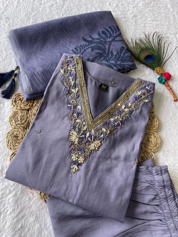 Roman Silk Kurta Set with Handwork and Digital Print Chanderi Dupatta