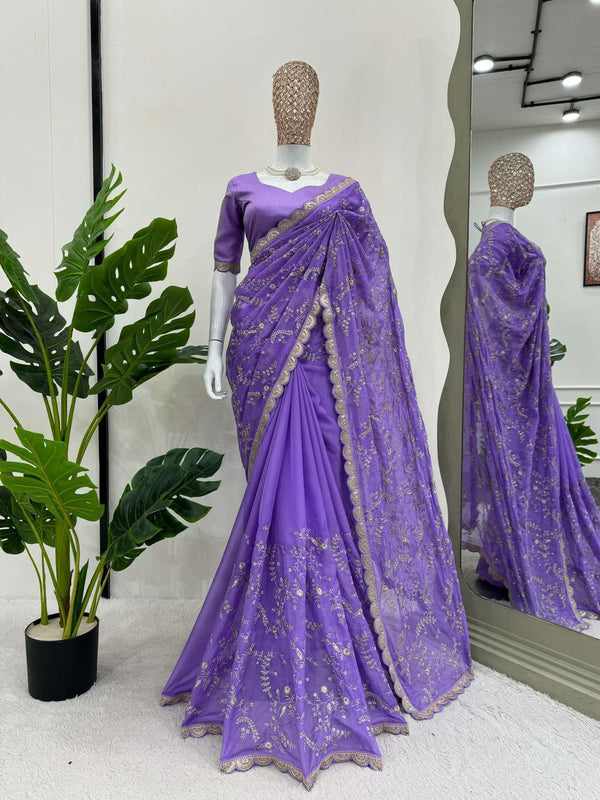 Glamorous Tibby Silk Saree with Coding and Sequence Embroidery