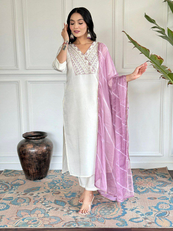 Stylish Embroidered Viscose Chanderi Kurta Set with Tabby Organza Dupatta