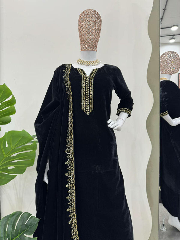 Exclusive Viscose Velvet Sharara Set with Sequins and Lace Border Dupatta