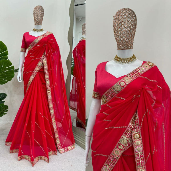 Gorgeous Faux Georgette Saree with Sequence and Coding Work and Banglori Silk Blouse