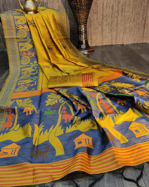 Raw Silk Handloom Saree with Zari Woven Buttas and Contrast Pallu